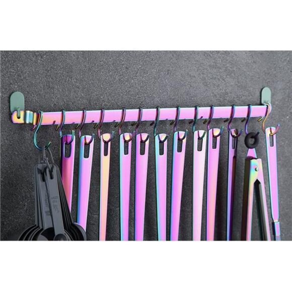 Kitchen Rack With Rainbow Titanium Plating, Rail Rack Organizer with 14 Hooks - Picture 4 of 4
